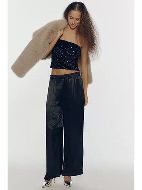 Anthropologie Lace Insert Wide Leg Pull On Pants High Rise Women's Size S Black